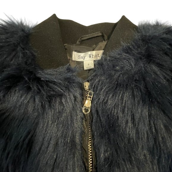 SAY WHAT? Faux Fur Jacket Coat Size Small Midnight Blue with Black Trim - Picture 13 of 14